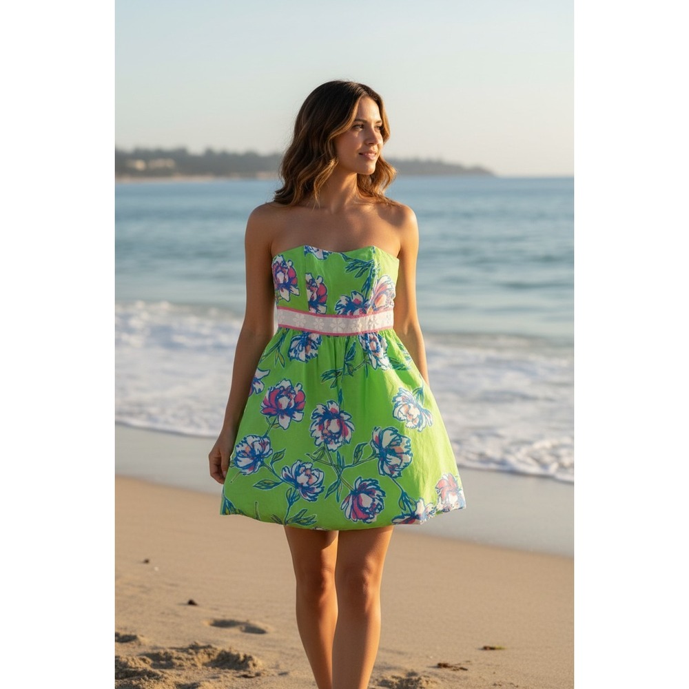 Lilly Pulitzer Langley Strapless Beaded Silk Blend Fit & Flare Mini Dress Size 2